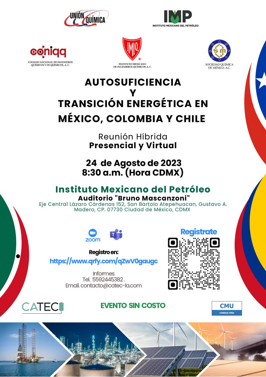 SQM_MX's tweet photo. La Unión Química ( #CONIQQ #IMIQ #SQM ) y el Instituto Mexicano del Petróleo los invitan a la reunión híbrida "Autosuficiencia y transición energética en México, Colombia y Chile"
Mañana 24 de agosto a las 8:30 hrs. (Hora CDMX) https://t.co/Yo4fzEMcrV