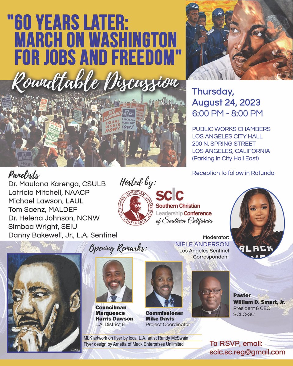 sclcsocal's tweet image. Join SCLC-SC and it’s partners as we commemorate the 60th March on Washington tomorrow evening in City Hall