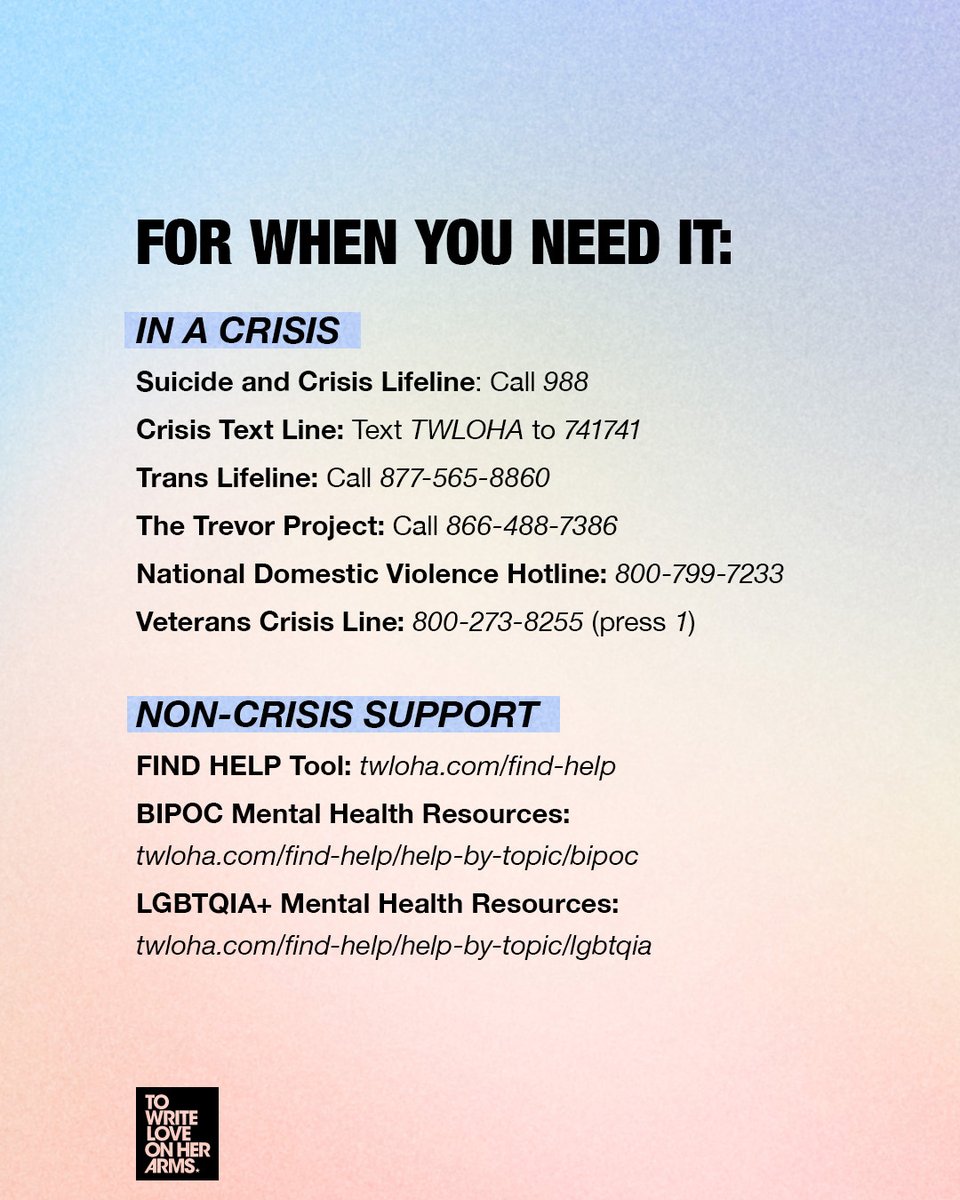 TWLOHA's tweet image. Bookmark this post so you have these resources easily accessible for you or a loved one. 

It’s important to know that there is always somewhere you can go to ask for help. You are not in this alone. 💙