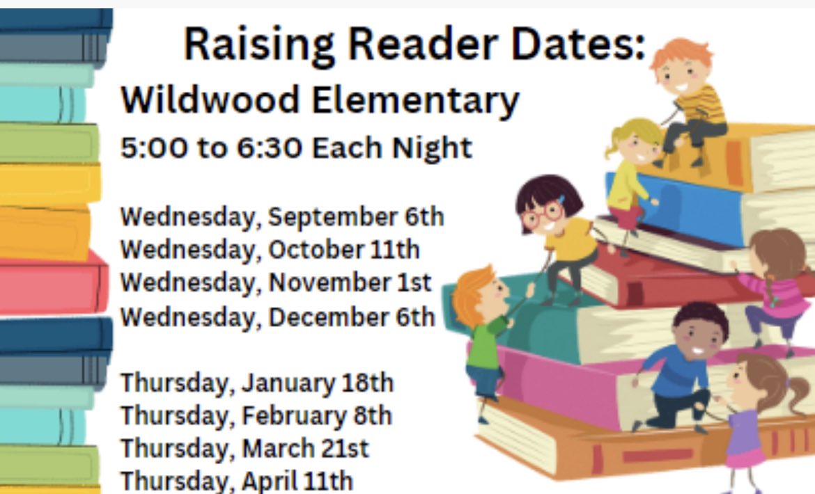 Save the date for Wildwood Elementary’s Raising Readers Nights! Wednesdays in the fall & Thursdays in the spring. ❤️📚 😊 @TISDWES @TISD_Libraries @TomballISD