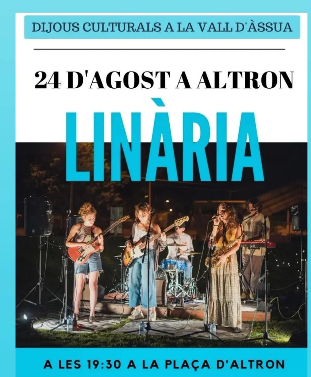 vfzorba's tweet photo. Dema, dijous 24, a les 19'30, a Altron (Pallars Sobirà), concert de LINÀRIA, concert de la Bruna (toca el baix i canta), la Júlia (toca el saxo i canta), en Biel (toca el teclat i canta) i l'Edna (toca la guitarra i canta) https://t.co/vgZOuhYunb