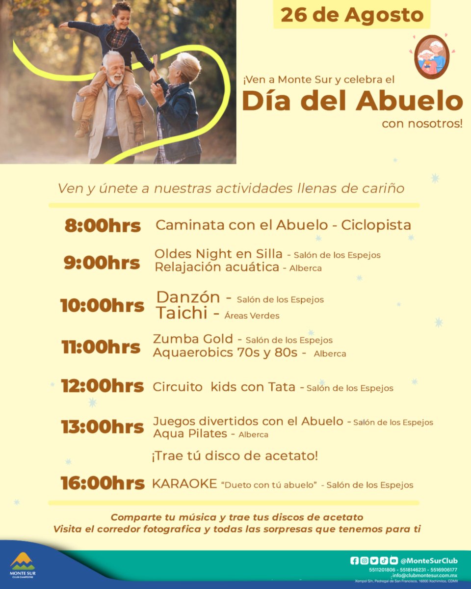 MonteSurClub's tweet photo. Sabemos cuán valiosos son en nuestras vidas y queremos celebrar su amor y sabiduría con un día lleno de actividades especiales diseñadas especialmente para ellos. ¡Los esperamos!
#Diadelabuelo  #FamiliaFeliz #convivenciafamiliar #abuelosfelices https://t.co/eRz0SVbIWZ