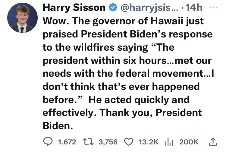 deebee52's tweet photo. @DonaldJTrumpJr What disdain?

A few @GOP voters seemed unhappy but that’s because they believed you saying @POTUS didn’t care—YET HE RESPONDED TO MAUI W/IN _6 hours_ of fires starting. 

#GovGreen &amp; @POTUS set your Hawaii voters straight. https://t.co/fb5nC5UWDV