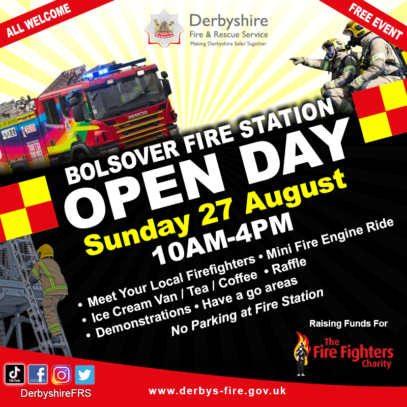 Calling #Bolsover residents 📣

<a href="/BolsoverFire/">Bolsover Fire Station</a> is taking place this Sunday, 27th August! 

Come along to meet your local firefighters, watch various demonstrations and more. Doors will open from 10am 🚒🔥