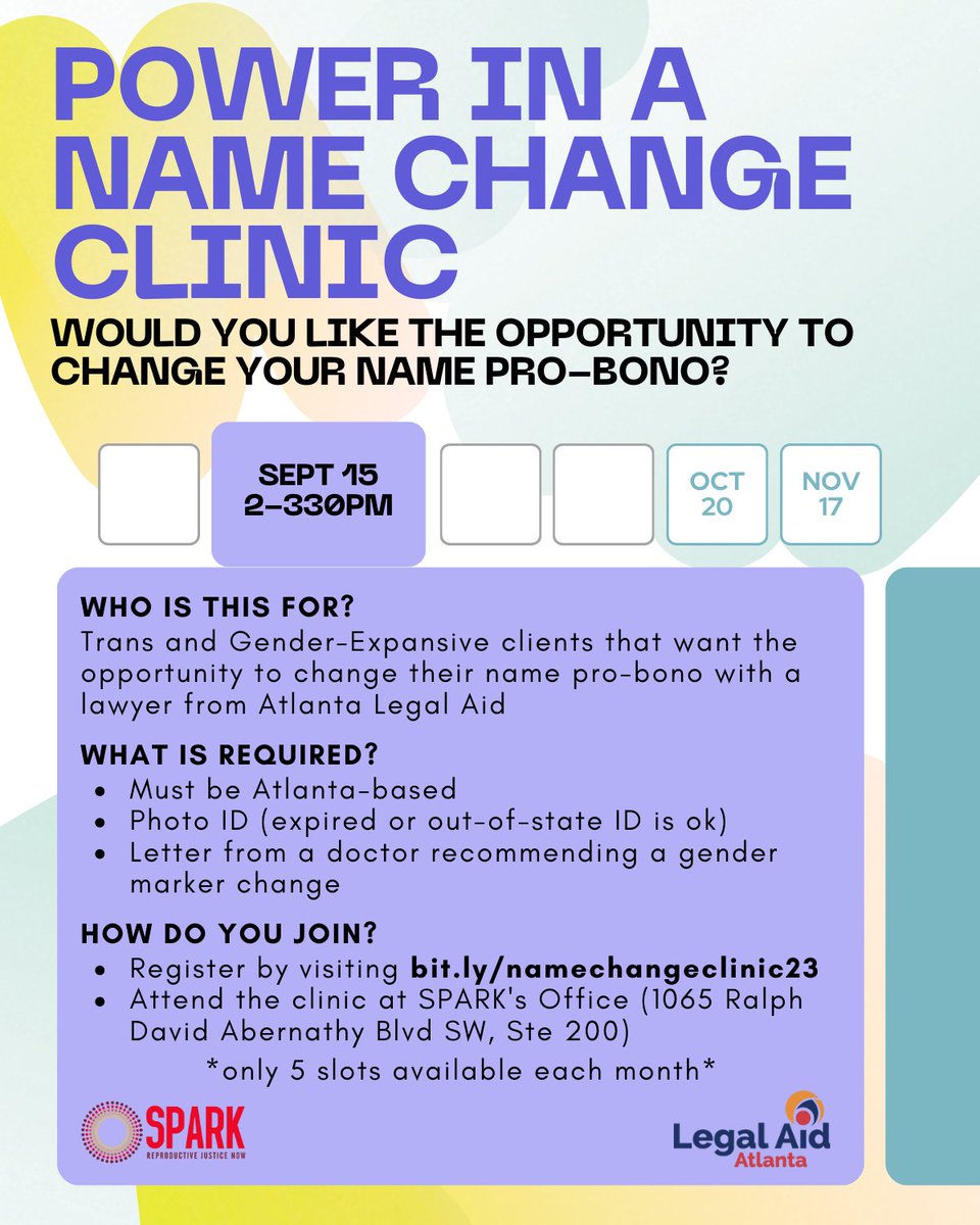 Would you like the opportunity to change your name pro bono? Join SPARK RJ NOW and @AtlantaLegalAid at next month's 'Power in a Name Change Clinic'! Registration is required to attend. Visit bit.ly/namechangeclin…