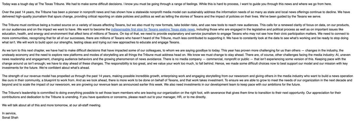 maxwelltani's tweet photo. Texas Tribune laid off staff today, citing changes in the industry and an unsteady economy. Here's the note CEO Sonal Shah sent to the publication's employees this afternoon. https://t.co/P6Y23LUJC6