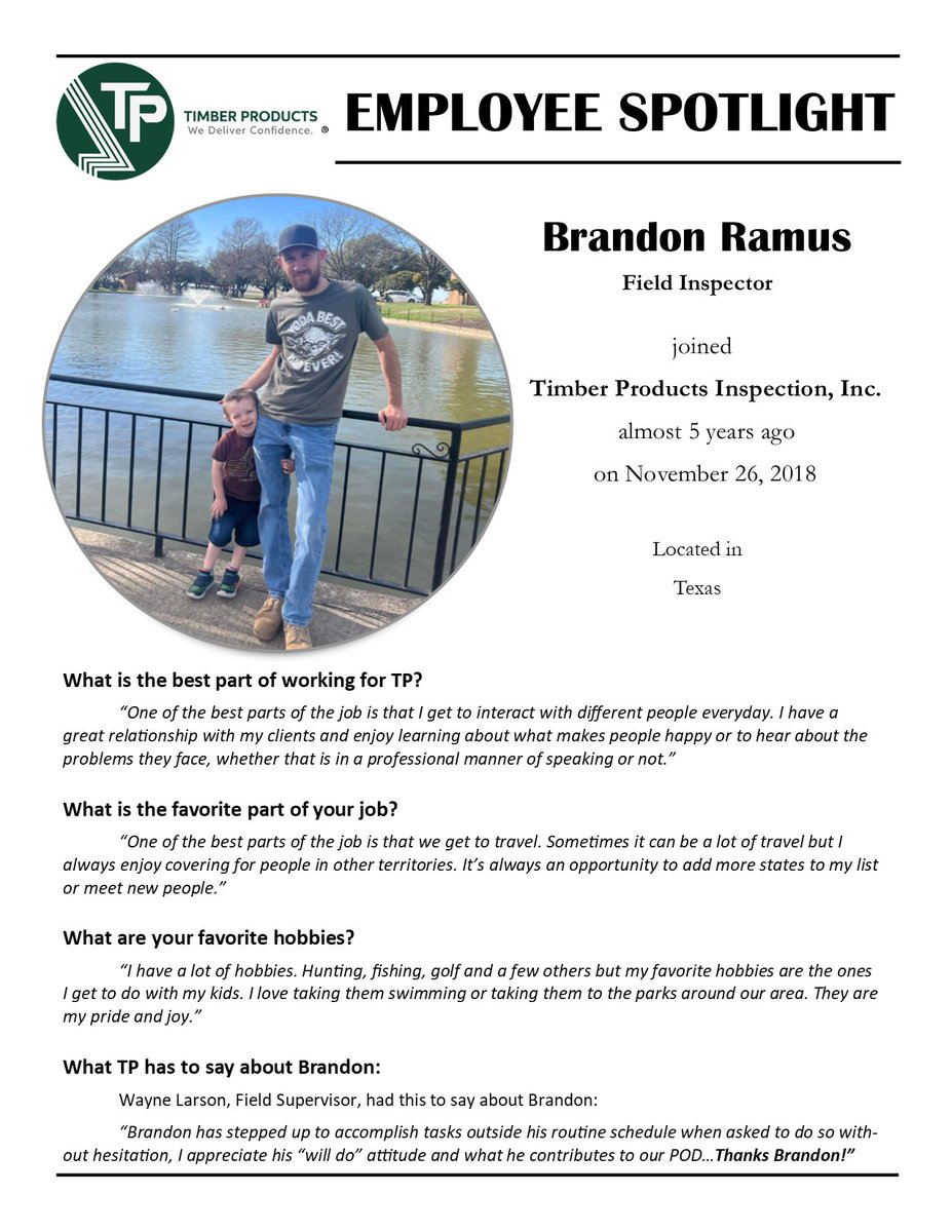 TPInspection_'s tweet photo. Congratulations to Brandon Ramus, our August Employee Spotlight! Although Brandon is located in Texas, many of you may know him as he travels often to cover other TP territories throughout the year. Thank you Brandon for your great attitude and hard work! https://t.co/Cd9nxCBtCv
