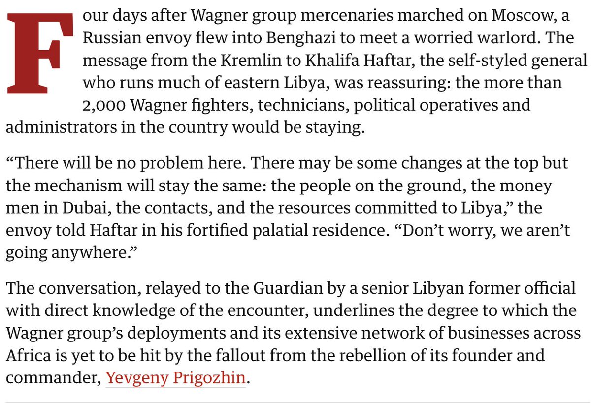 RobertUniacke's tweet photo. Given #Prigozhin's apparent demise, re-upping this Guardian piece on the staying power of Wagner ops in Africa. 

"There may be some changes at the top" now takes on new meaning. Could this Russian envoy to #Libya have been warning Haftar what was coming? 
https://t.co/KKj5iJpFCX https://t.co/I65qUFoAKw