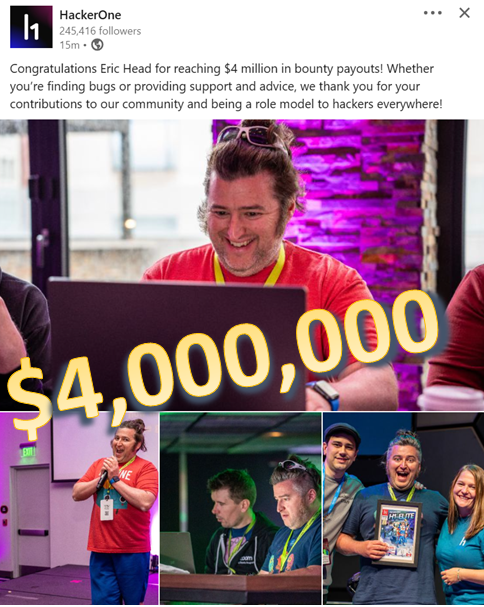 martenmickos's tweet photo. $4 million in bounty payouts! 
Super congratulations, @codecancare ! https://t.co/vsQkgF2rKM