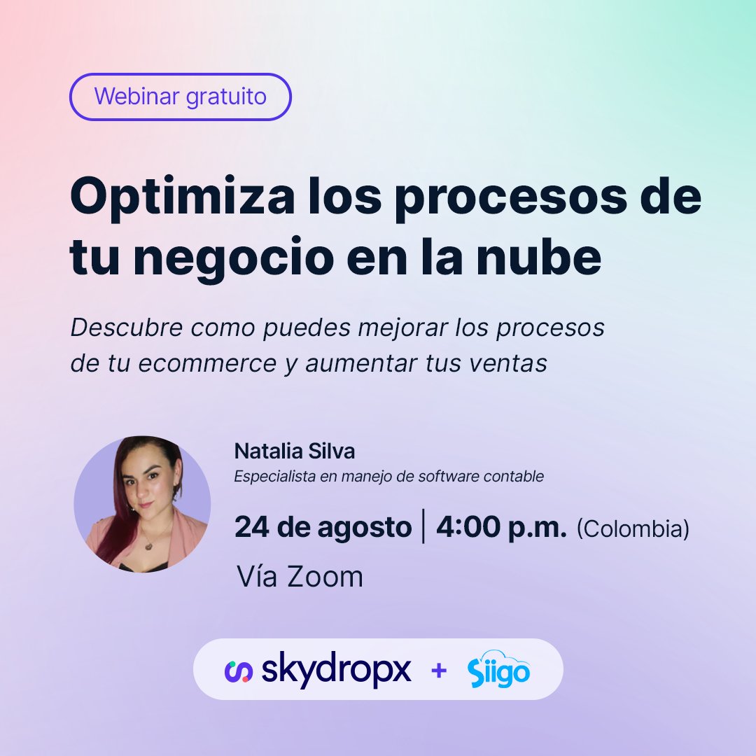 🚀💻 Dispara el éxito de tu negocio mejorando tus procesos en la nube. Descubre los trucos que nos dará Natalia Silva en nuestro webinar con Siigo.
Inscríbete en el siguiente enlace: bit.ly/3OLTnQf
_
#Skydropx #SkydropxColombia #logística #envíos #negocios #Siigo