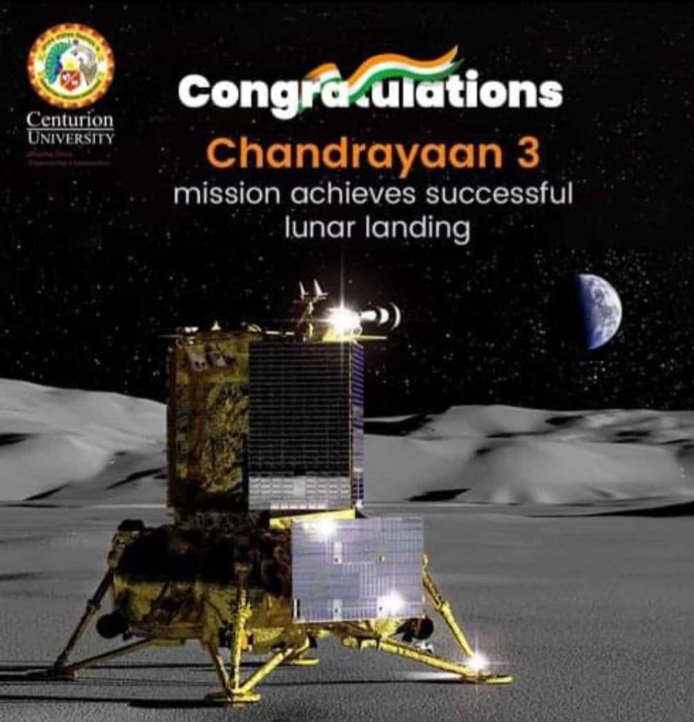 prafullakumar06's tweet photo. A memorable day for Indian Science &amp;Technology and for ISRO. Proud moments for all of us to witness historic Vikram Lander Moon landing at South pole.#centurion University #Chandrayaan3 #remotesensing https://t.co/mm10fWrLym