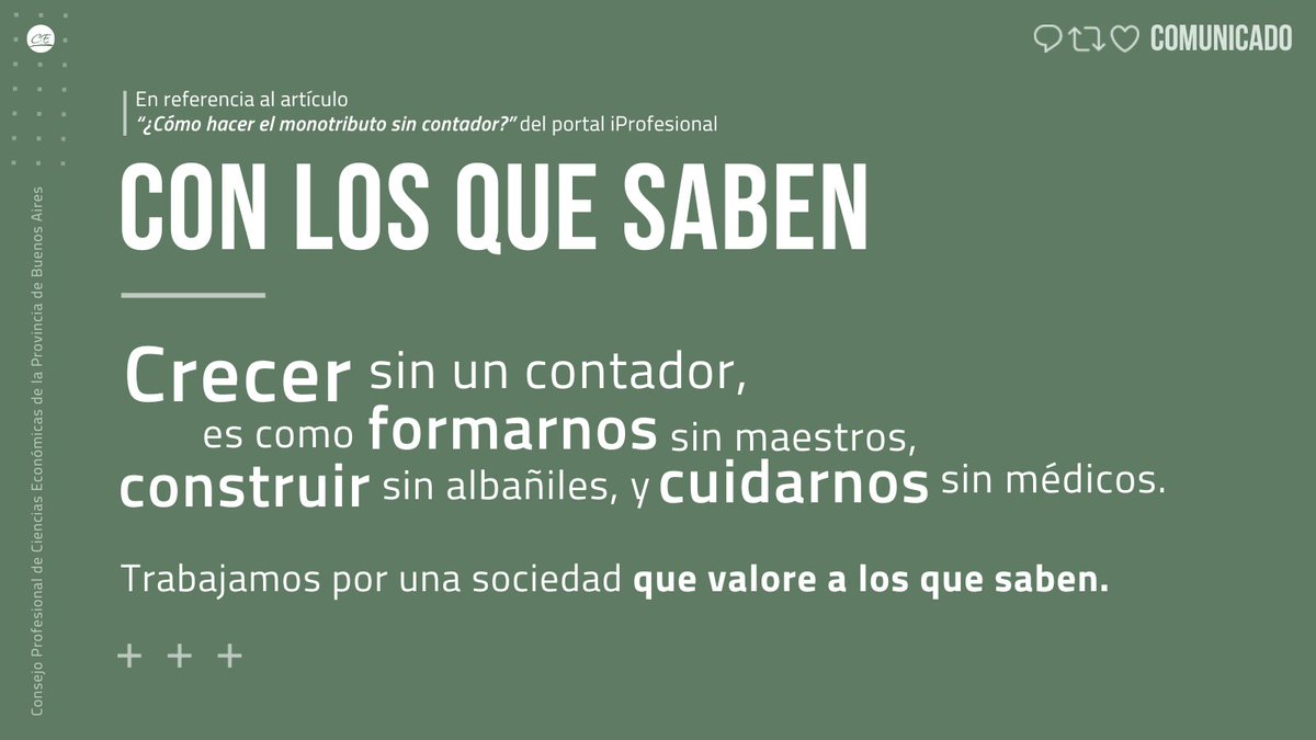 cpcebuenosaires's tweet photo. A raíz del artículo publicado el 20/08/2023 en el portal @iProfesional titulado “¿Cómo hacer el monotributo sin contador?, hacemos público nuestro rechazo a dicha sugerencia ya que afecta las actividades que son propias de profesionales universitarios, desalentando a los lectores en la búsqueda del asesoramiento adecuado, con el riesgo que esto implica. Además, en este caso en particular se atacan las incumbencias de los profesionales graduados en ciencias económicas.

A los lectores queremos aconsejarles que se apoyen en el asesoramiento de un profesional (los invitamos a visitar https://t.co/FeqhDveUr5 para conocer si quien los asesora se encuentra habilitado). Y a nuestros matriculados, les reiteramos el compromiso de este Consejo y de toda la Federación, con la defensa y jerarquización de nuestras profesiones.

#cpba #consejoprofesional #caja #buenosaires #cienciaseconomicas #economicas #comunicado #iprofesional