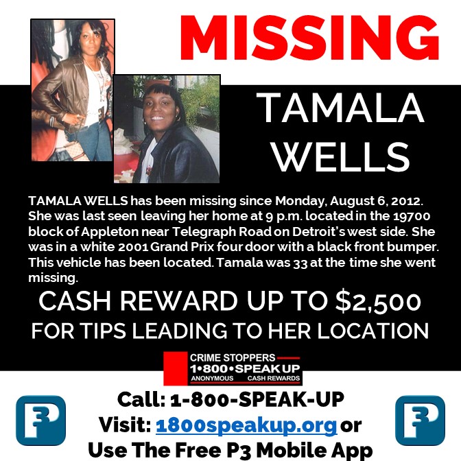 MIcrimestoppers's tweet photo. Crime Stoppers of Michigan is looking for more information that could help locate Tamala Wells. We  are asking you to make an anonymous call at 1-800-SPEAK-UP to provide more information if you have it. https://t.co/dlJu5gpeyI