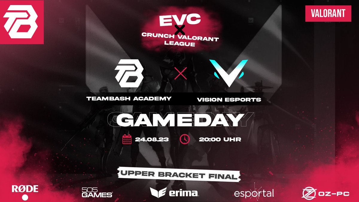 TeamBasH_Gaming's tweet photo. Morgen den 23.08 📅 um 20:00 Uhr 🕗 tritt unser #AcademyTeam im Upper Bracket Finale der EVC x Crunch Valorant League gegen @T3am_Vision an.
Seid gefasst @T3am_Vision !
Auf ein faires Match!
#GoBasH
#MainTeam
#Valorant
#TeamBasH
#TeamBasHgaming
#team
#ProjectV
#esport https://t.co/SnHfbKVDOZ