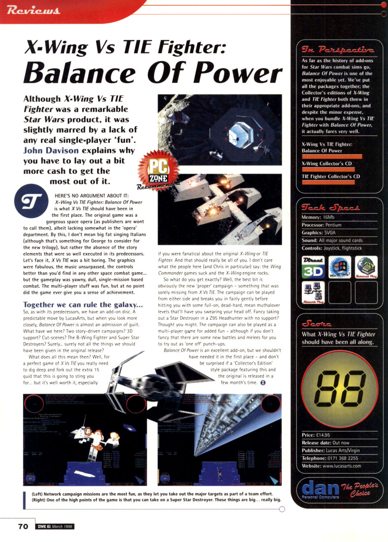 XwingGameSeries's tweet image. Balance of Power review from the PC Zone mag (March 1998).
"I don't care what the people here (and Chris in particular) say: the Wing Commander games suck and the X-Wing engine rocks."

#balanceofpower #xwing #starwars #lucasarts #lucasfilmgames #retrogamer #dosgaming #dosgames