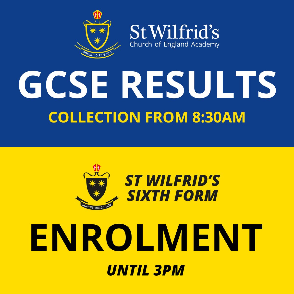 SaintWilfrids's tweet photo. GCSE RESULTS DAY

We can't wait to celebrate with you tomorrow! Results can be collected from 8:30am. Sixth Form enrolment is open until 3pm (external applicants from 10:30am).

Both events will take place in E Block - please use the external entrance (at the back of Sixth Form). https://t.co/BPuBRcmMPa