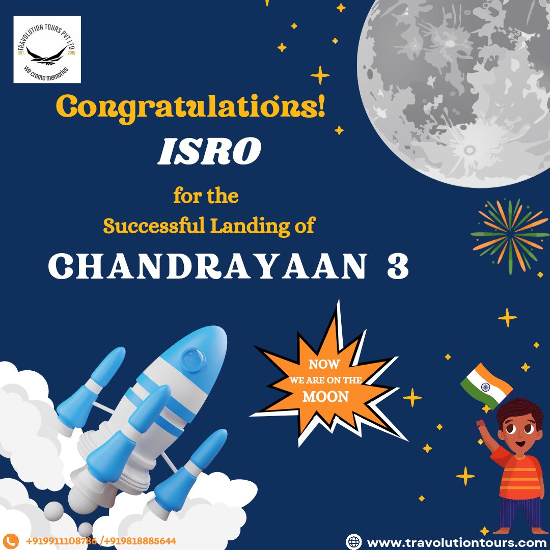 TravolutionTou1's tweet photo. Congratulations @isro 
🚀Chandrayaan 3 successfully landed on moon!

We are on the moon 🌙 

#chandrayaan3 #isro #isroindia #moonlanding #vikramlander #travolutiontours https://t.co/FvdMlwqK6D
