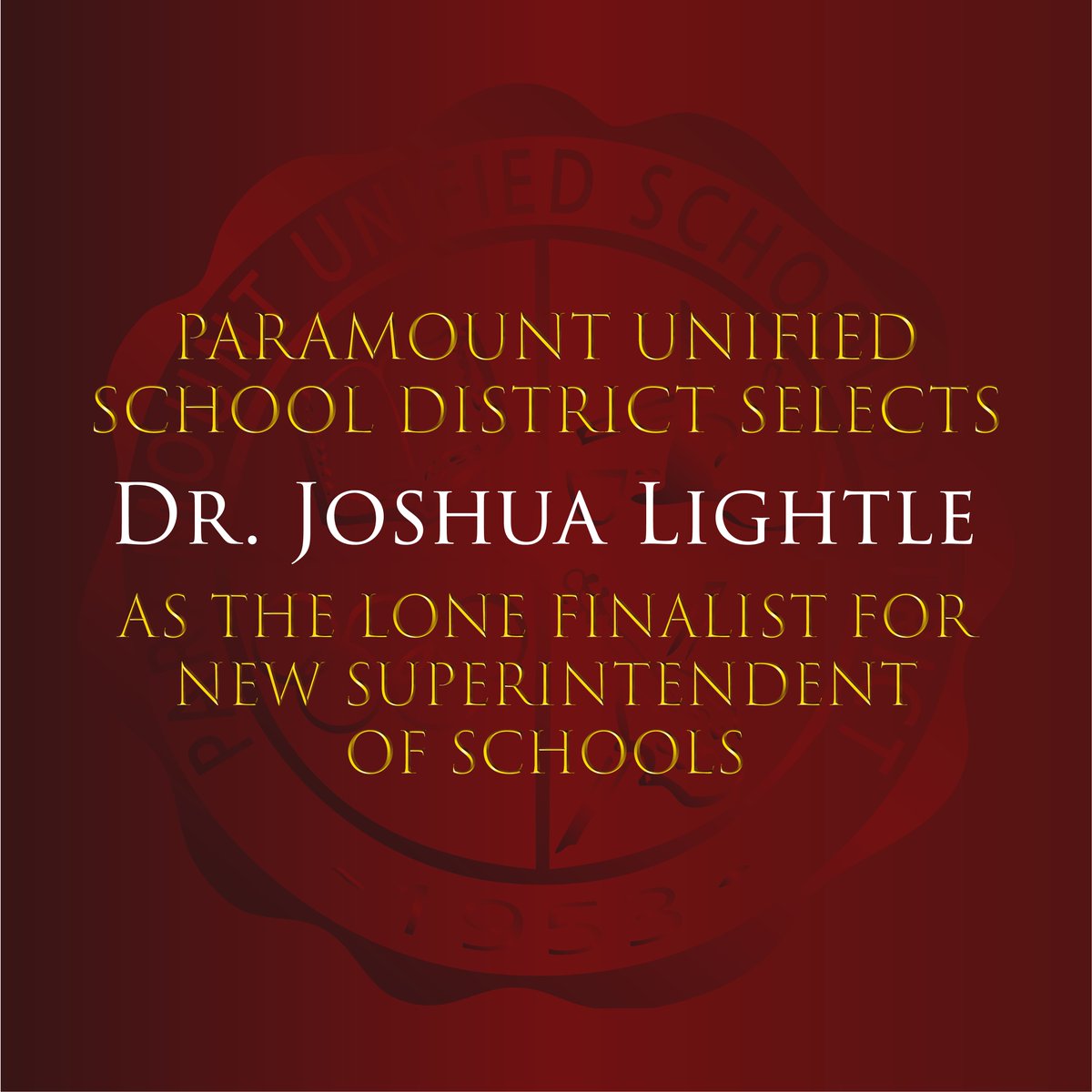 La Junta Escolar Unificada de Paramount selecciona al Dr. Joshua Lightle como el único finalista para nuevo superintendente de escuelas

Lee la historia completa aquí: bit.ly/3QQJbJ5