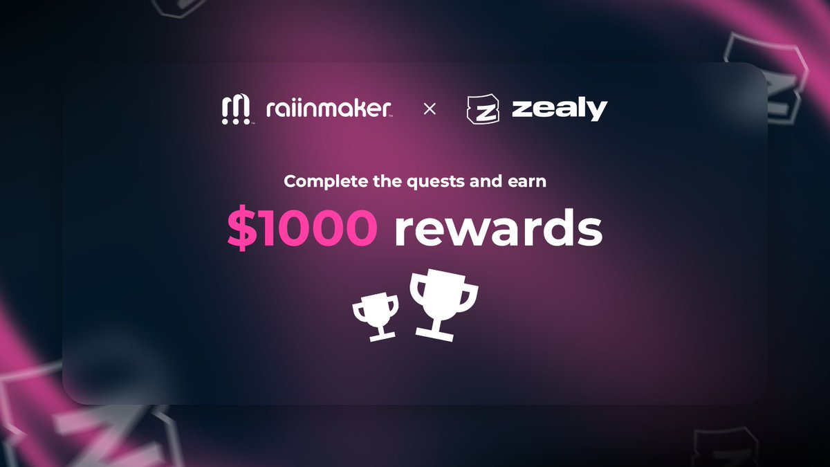 Raiinmakerapp's tweet photo. ✨ Launching our first sprint on @zealy_io

🎖 Battle for a $1000 prize pool! 

Complete our quests and earn big rewards. 🌠

➡️ https://t.co/8HaL2Zwh8a ⬅️

#MintYourMoment with #zealy