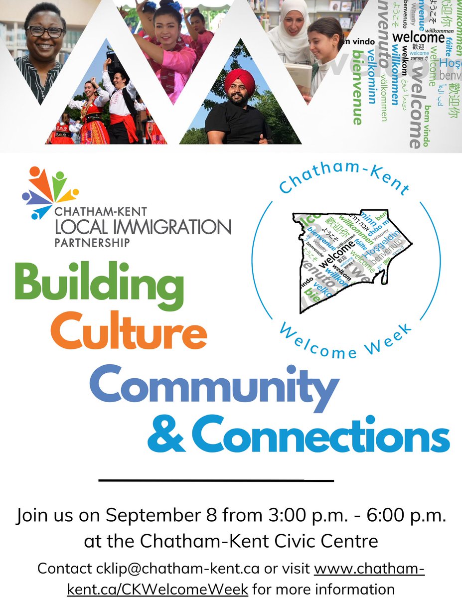 Help us kick off Welcome Week 2023 on September 8 from 3:00 - 6:00 p.m. at the Building Culture, Community and Connections event at the Chatham-Kent Civic Centre!

#CKWelcomeWeek2023 #CKImmigrationMatters #CKAttractionPromotion 

pt.1