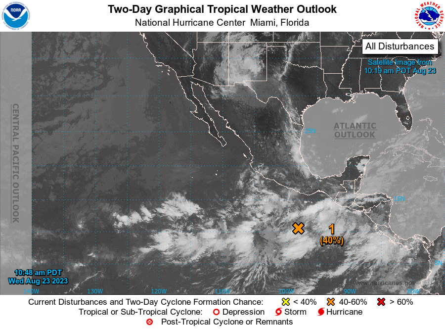NHC_Pacific's tweet photo. 11 AM PDT Wednesday: NHC is monitoring two areas with formation potential over the eastern Pacific. The eastern disturbance that is located south of Mexico is likely to form within the next few days while it moves slowly northwestward or north-northwest. https://t.co/Oy8uoeSibM https://t.co/CL2RLvGPZK