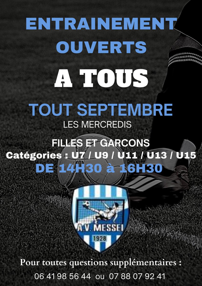 VENEZ NOMBREUX ! 😇

U11/U13/U15 à partir du 30 Août ⚡️
U7/U9 à partir du 06 Septembre ⚡️

 HORAIRE : 14h30 - 16h30 ⏰