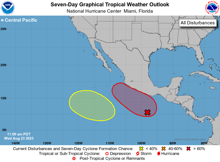 NHC_Pacific's tweet photo. 11 AM PDT Wednesday: NHC is monitoring two areas with formation potential over the eastern Pacific. The eastern disturbance that is located south of Mexico is likely to form within the next few days while it moves slowly northwestward or north-northwest. https://t.co/Oy8uoeSibM https://t.co/CL2RLvGPZK