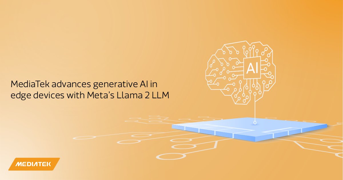 MediaTek's tweet image. MediaTek enhances #generativeAI in #edgedevices. By leveraging MediaTek&apos;s APUs, NeuroPilot, &amp;amp; Meta&apos;s #Llama2 #LLM, we&apos;re building a complete edge ecosystem to accelerate AI app development. Expect enhanced performance, privacy, &amp;amp; cost savings. @MetaAI bit.ly/45mzOVI
