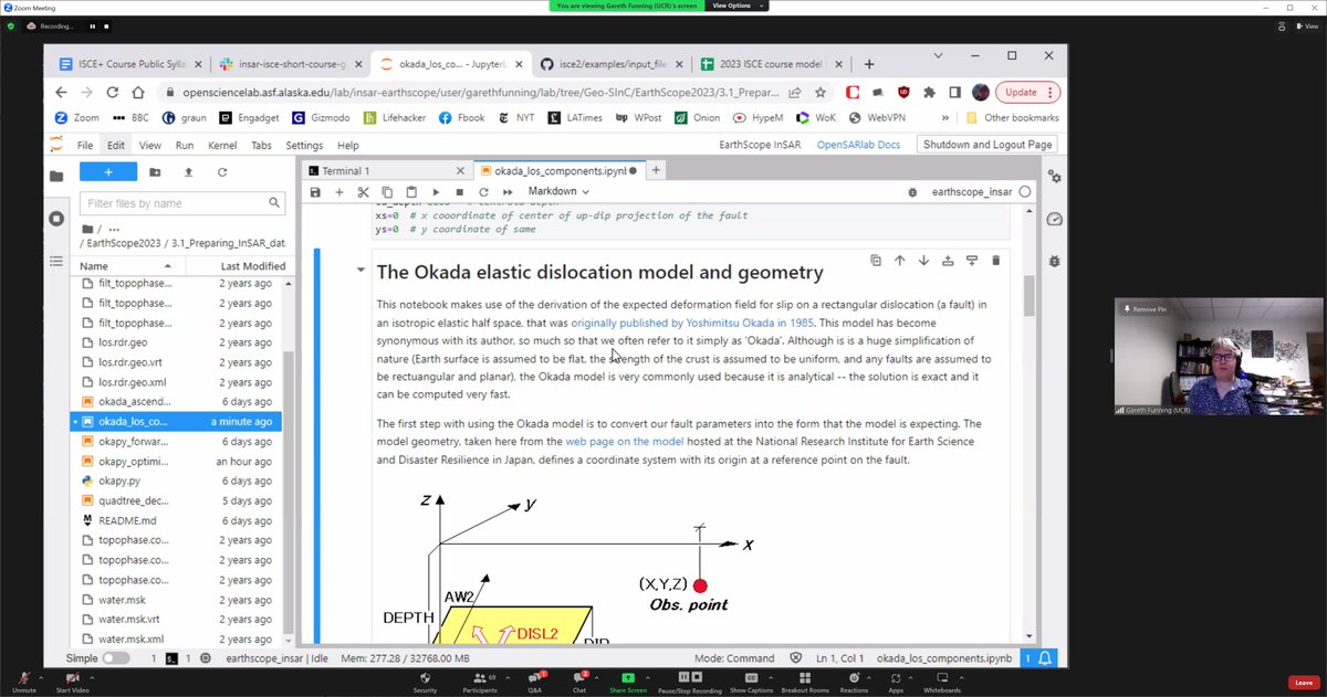 SARevangelist's tweet photo. 🚨Day 3 of @EarthScope_sci InSAR training🚨
@gfun showing how to model #InSAR data of earthquakes using models such as Okada 🥳 including preprocessing options.
#FunWithFringes using #opensource Python code &amp; @ProjectJupyter in @Ak_Satellite #OpenScienceLab! 🎉
#GoldenAgeOfSAR https://t.co/Y8yPqiTZAD