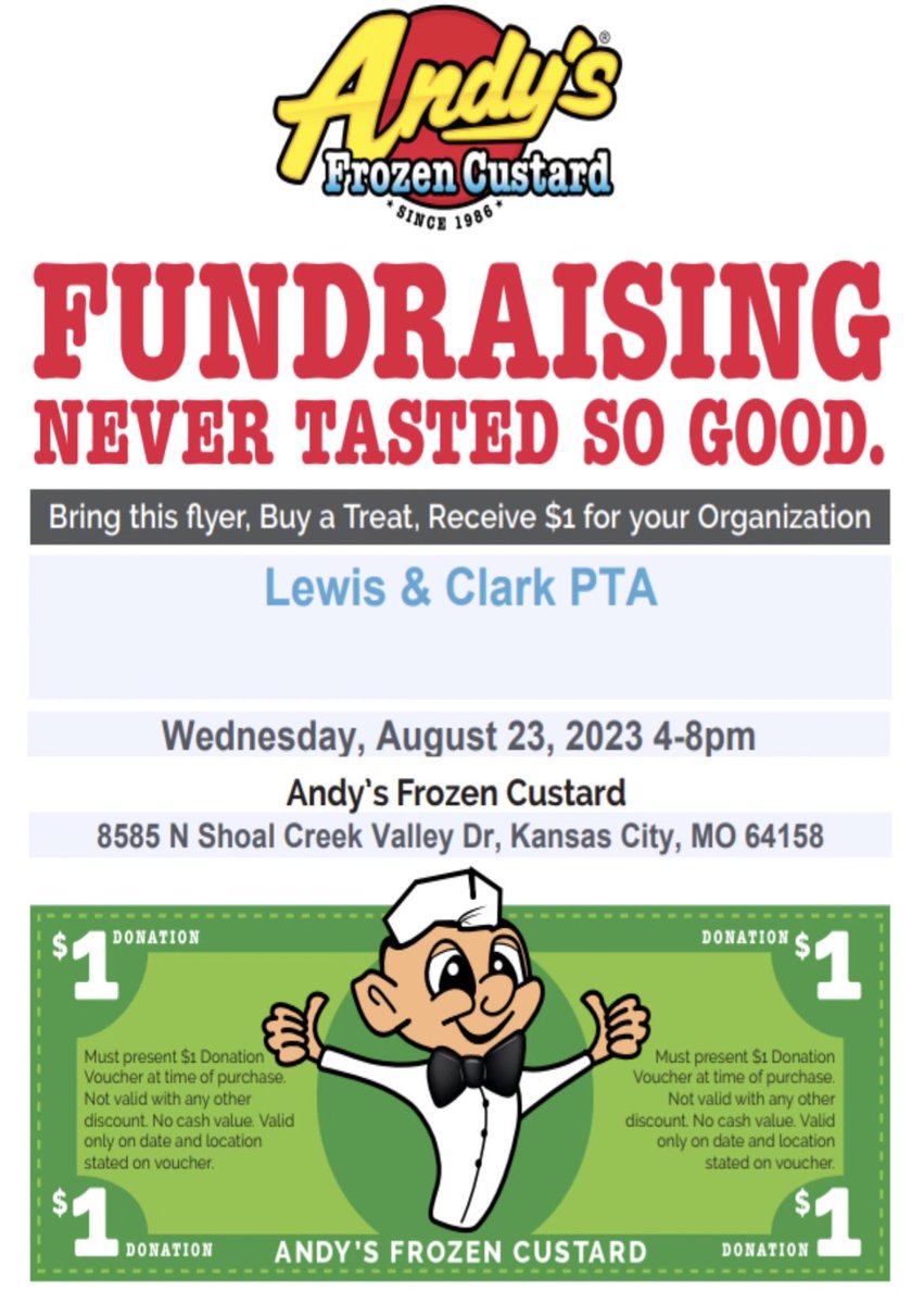 Lewis_Clark_PTA's tweet photo. Cool off with some Andy’s after school today! Proceeds go to Lewis and Clark from 4-8 PM. #lctrailblazers2023 https://t.co/X9nBWoFBYz