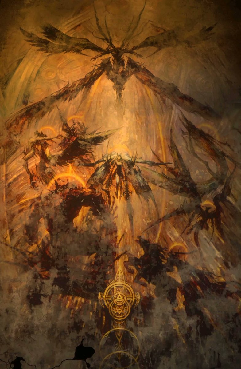 aitaikimochi's tweet photo. I found out something about the Circle of Malius painting from the FF16 artbook that was quite interesting.

There are three depictions of this mural in the artbook that clearly shows the absolute gigantic scale that is Leviathan. 

If you see closely in this photo, Titan and Odin are both standing on something black with fins sticking out.

In the artbook's depiction, Leviathan's entire body clearly wraps behind Shiva, twists behind Ramuh and Garuda, goes under Titan's feet, and wraps under Sleipnir's hooves.

Its tail then goes way further down this painting mural, which means that Leviathan is probably the largest Eikon out of all of them.

I wonder how such a gigantic Eikon went missing??