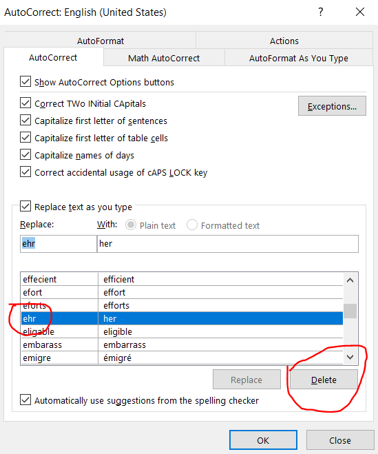 culehmann's tweet image. How to stop word from autocorrecting EHR to HER. File-&amp;gt;Options-&amp;gt;Autocorrect Options-&amp;gt;Find EHR in List--&amp;gt;Delete. Voila!