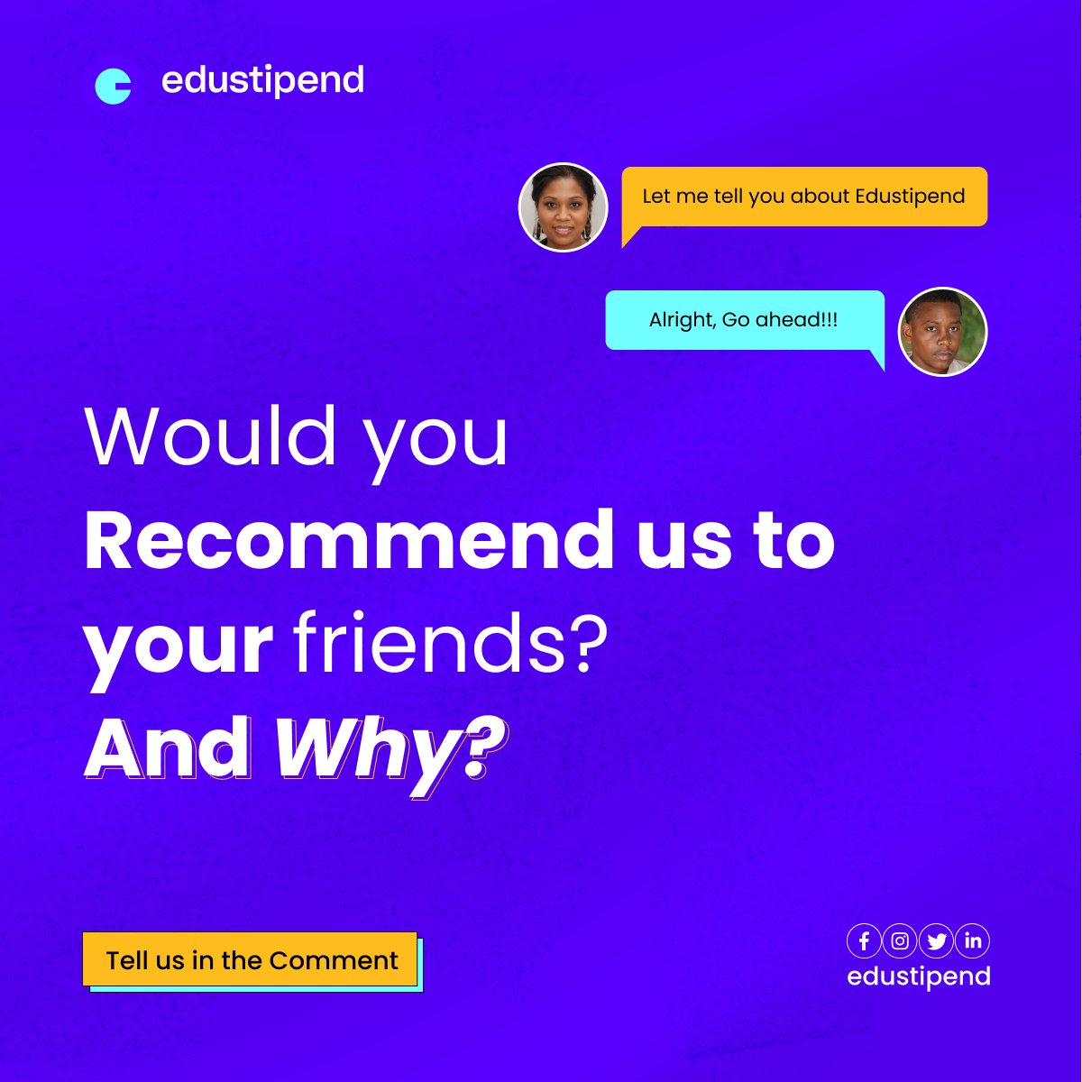 edustipend's tweet photo. Hey there👋. We hope you're doing well today🥳.
We have a question for you: Would you recommend us to your friends? We're eager to understand why or why not.
Let's get started! Please share your responses in the comment section below 👇🏽
In Your Service,
The @Edustipend Team ❤️ https://t.co/uLrrdPW0sL