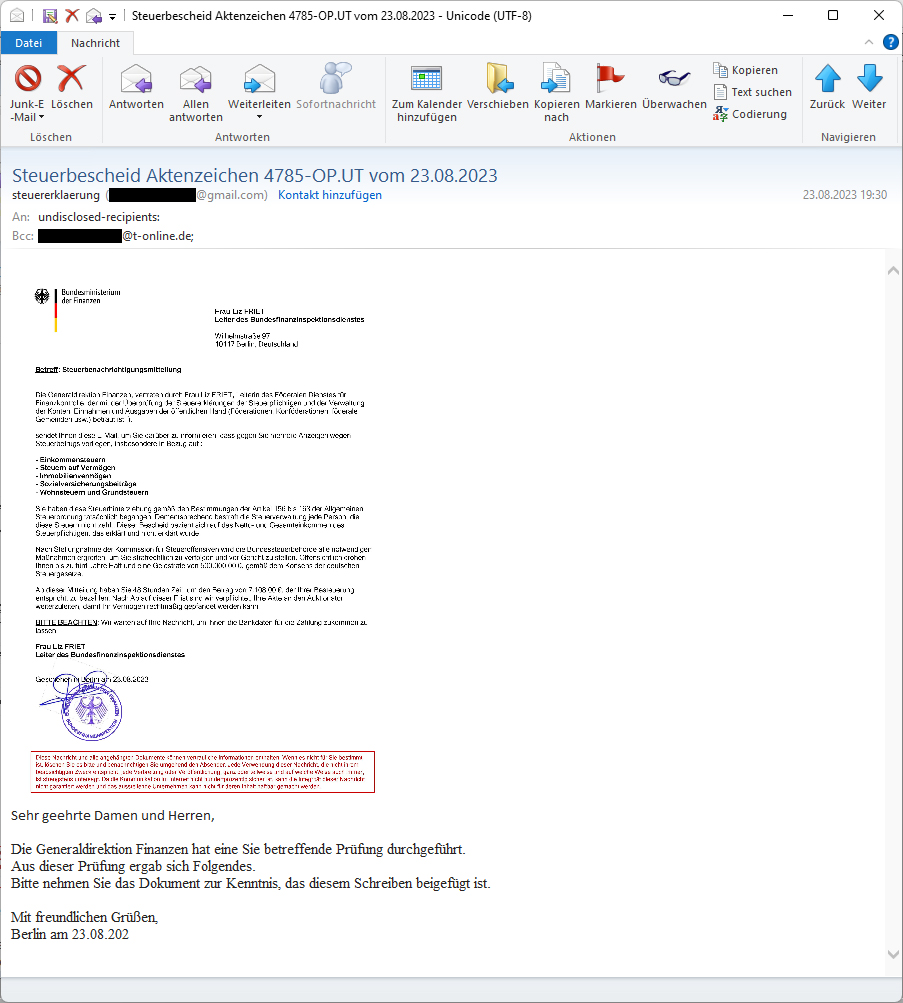 neoxmorpheus1's tweet photo. Haben Sie von einer angeblichen Leiterin des Bundesfinanzinspektionsdienstes per E-Mail einen "Steuerbescheid" bekommen?

Achtung: #Phishing #Scam #Betrug!
Nicht auf die E-Mail antworten und keine Zahlung leisten! https://t.co/mKfbjtIcrk