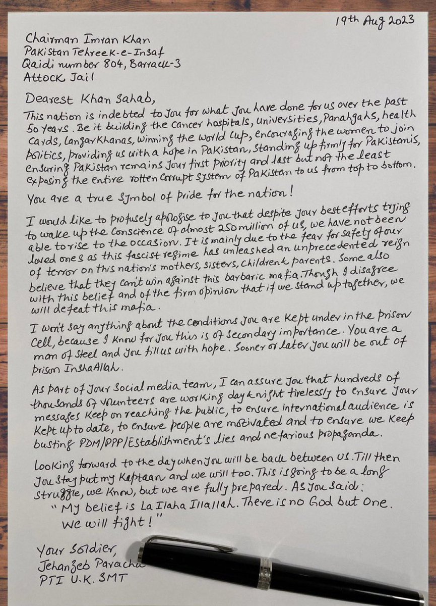 PTIofficial's tweet photo. Dear #PakistanFamily,
We have started writing letters to Imran Khan to express how much we admire him &amp; how we feel about him being in jail.

If you'd like us to share your letter with him, share picture of the letter by quote tweeting this tweet &amp; using #LetterToImranKhan HT https://t.co/hzWKU77Ciw
