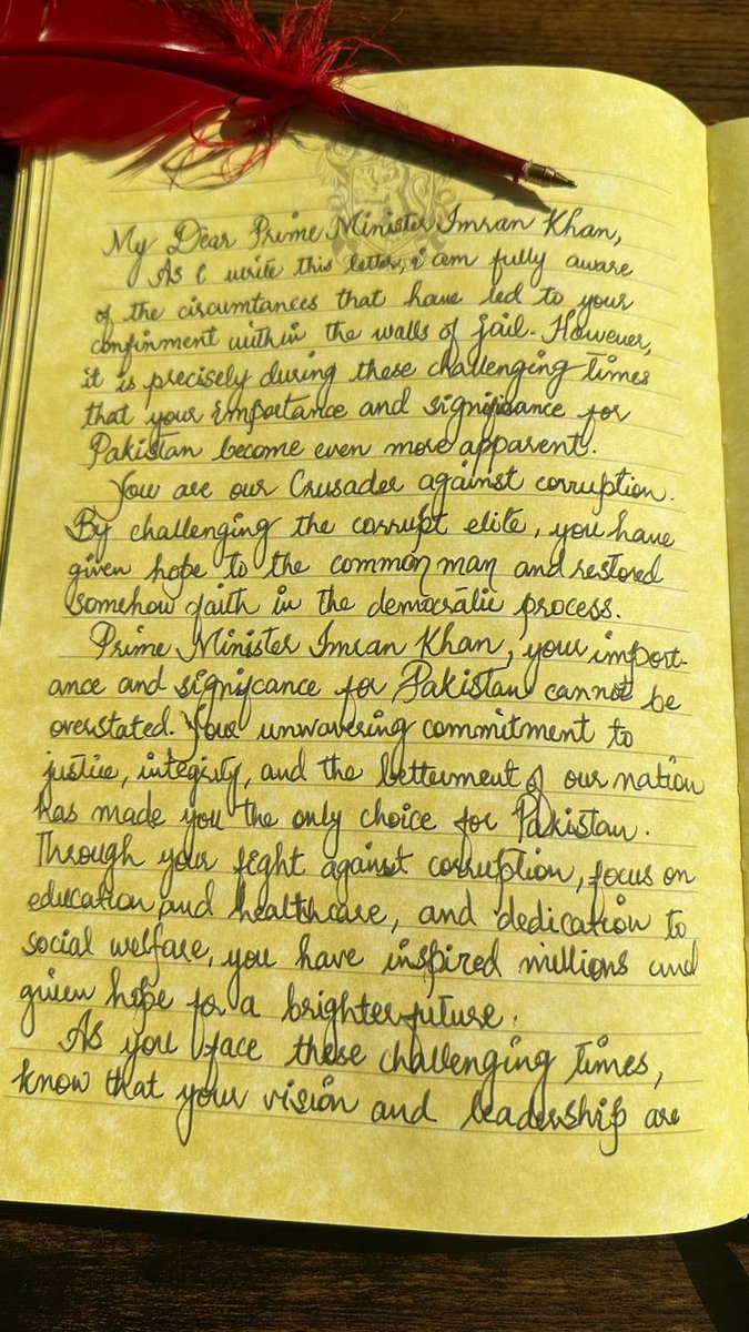 PTIofficial's tweet photo. Dear #PakistanFamily,
We have started writing letters to Imran Khan to express how much we admire him &amp; how we feel about him being in jail.

If you'd like us to share your letter with him, share picture of the letter by quote tweeting this tweet &amp; using #LetterToImranKhan HT https://t.co/hzWKU77Ciw