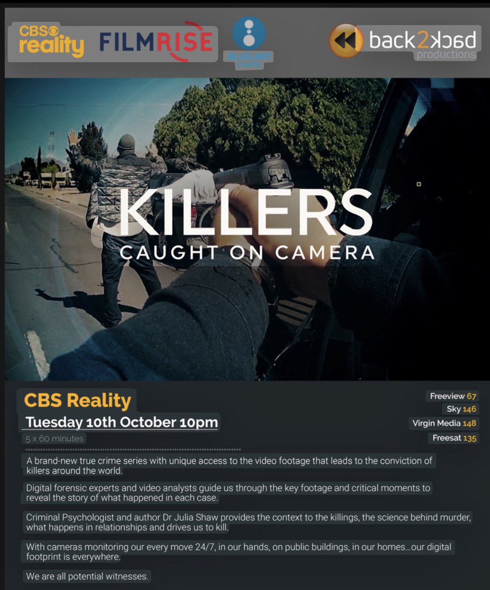 A new season of Killers Caught on Camera drops on 10/10/23 on #CBSReality.  @Back2Back_TV  highlight a number of #murder investigations where digital images were crucial in solving these crimes.  Tune in 📺 🕵🏽‍♂️
