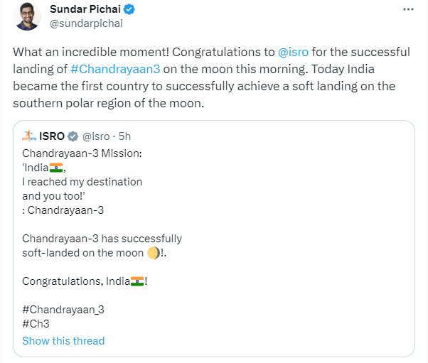 DDNewslive's tweet photo. Google and Alphabet CEO, Sundar Pichai congratulates @isro for the successful landing of #Chandrayaan3 on the moon. "Today India became the first country to successfully achieve a soft landing on the southern polar region of the moon.", Pichai posted on X.

#Chandrayaan3Landing #ISRO #IndiaOnTheMoon #MoonMission