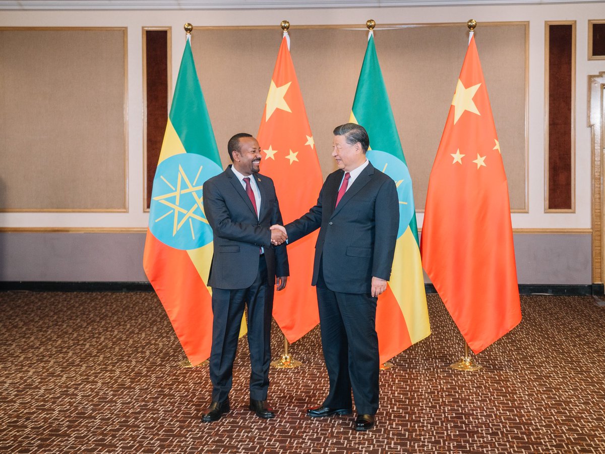 PMEthiopia's tweet photo. Ahead of the BRICS-Africa Outreach &amp; BRICS Plus meeting, PM @AbiyAhmedAli met with Chinese President Xi Jinping in a bilateral meeting. The two leaders expressed mutual interest in strengthening relations and commitment to partnership in multilateral platforms.1/3 https://t.co/iIUgFSYKl4