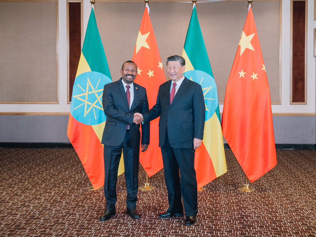 PMEthiopia's tweet photo. Ahead of the BRICS-Africa Outreach &amp; BRICS Plus meeting, PM @AbiyAhmedAli met with Chinese President Xi Jinping in a bilateral meeting. The two leaders expressed mutual interest in strengthening relations and commitment to partnership in multilateral platforms.1/3 https://t.co/iIUgFSYKl4