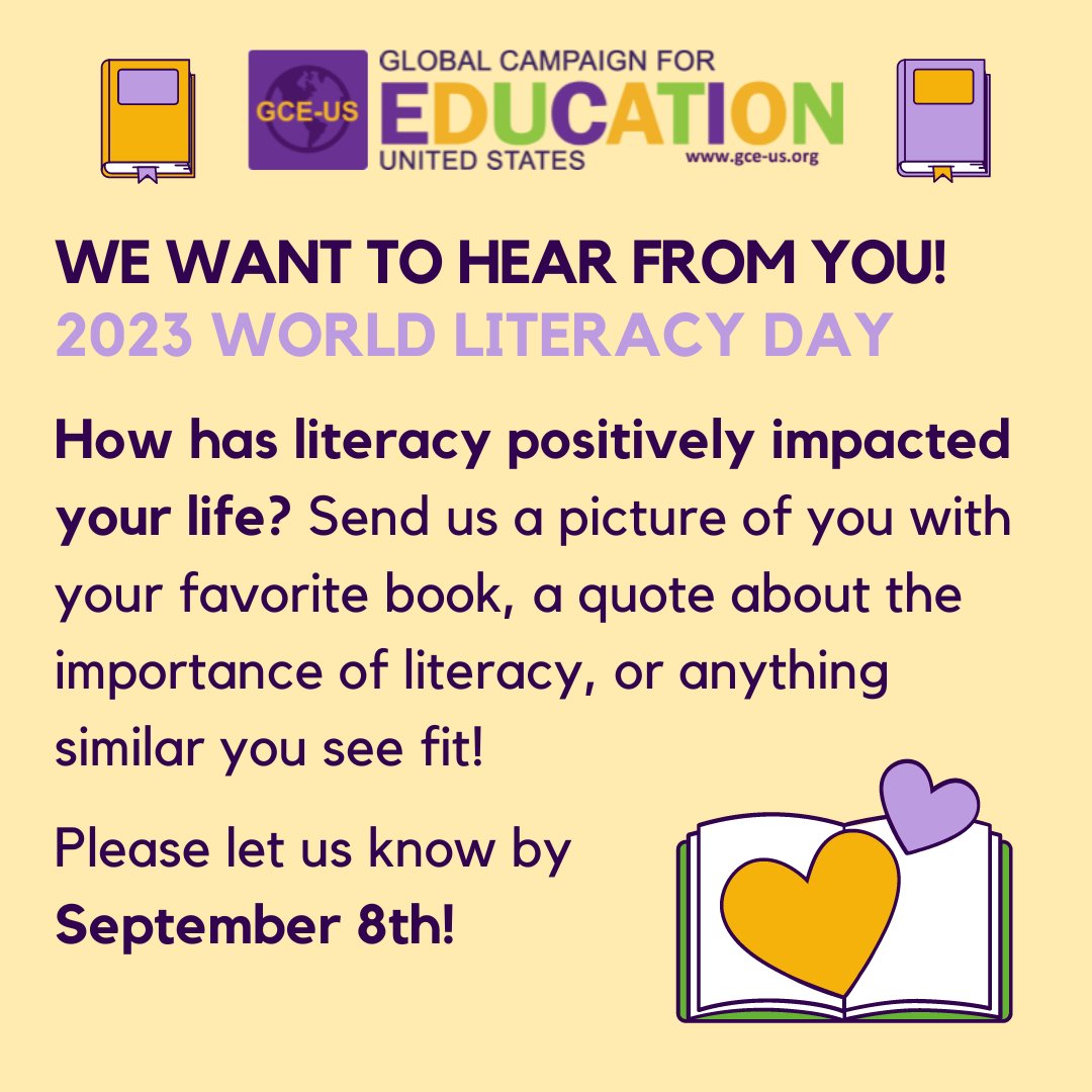 GCE_US's tweet image. 📝 Learning to read &amp;amp; write are essential to #Education4All

📖 #WorldLiteracyDay is coming up on September 8th &amp;amp; we want your help to celebrate #LiteracyDay

✍🏾 Please send us your submissions over DM or info@gce-us.org so we can highlight your work!

#InternationalLiteracyDay