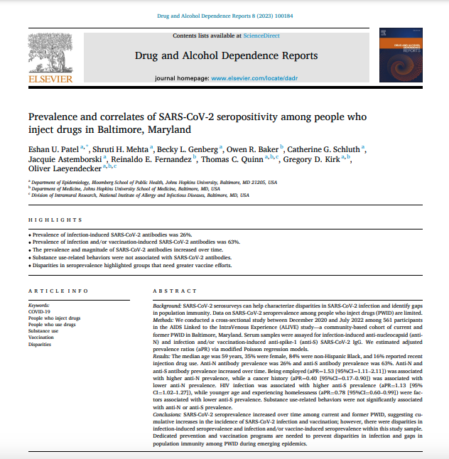 DrugAlcReports's tweet photo. Study by @eshanupatel &amp; @shrutihmehta finds disparities in SARS-CoV-2 seroprevalence among PWID in Baltimore. Younger and unstably housed PWID less likely to have spike antibodies - greater vaccination efforts needed during emerging epidemics.

https://t.co/JSlr14sUlF https://t.co/kdiWrNmGu3