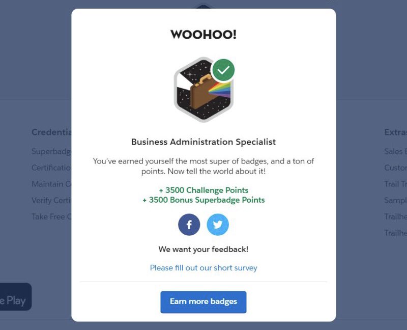 JessicaZepeda_'s tweet photo. Earned my FIRST @trailhead Superbadge, Business Administration Specialist. ✅🎉 

Took me longer than the 6 hrs est. time, but I learned so much! 👩🏻‍💻

I was in shock after completing the last challenge…“What did I just do?!” Onto the next! 🤸🏻‍♀️

#TrailblazerCommunity #AwesomeAdmins https://t.co/hz36CdkFfT