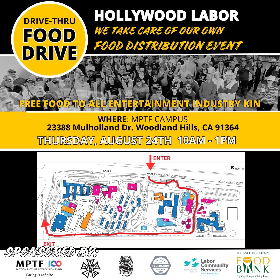 Tomorrow we're hosting a food drive on campus (10am-1pm) for industry members affected by the work stoppage; for those coming by, here's a map & more info. Volunteers are provided by @IATSE and Teamsters Local 399, w/donations from @M25M_org & Labor Community Services LA.