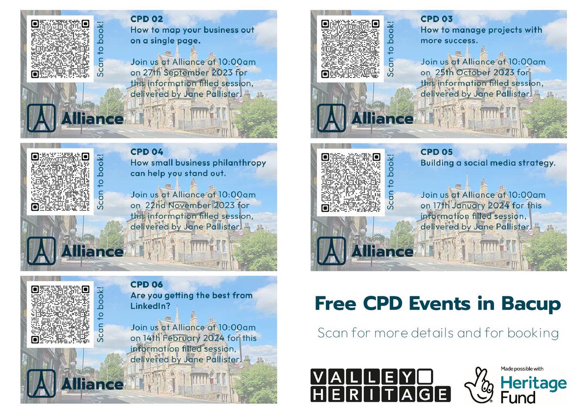 Check out our upcoming programme of CPD events in our fantastic old bank 

Scan for details and booking 

Thanks to #nationallottery players for making this possible 

#CPD 
#Training 
#business 
#bacup
#rossendale