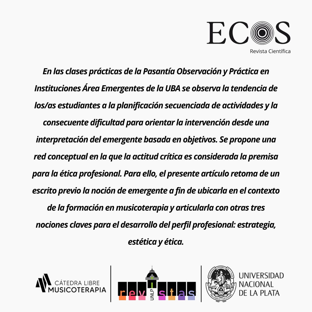 ECOS_clm_unlp's tweet photo. 🔔Nueva Publicación del Vol.8 
"Cuatro E. Claves para la formación en Musicoterapia. Emergente, estrategia, estética y estica" 

@clm_unlp 
@VUnlp 

#musicoterapia
#revistaECOS https://t.co/ihz3d1Qctq