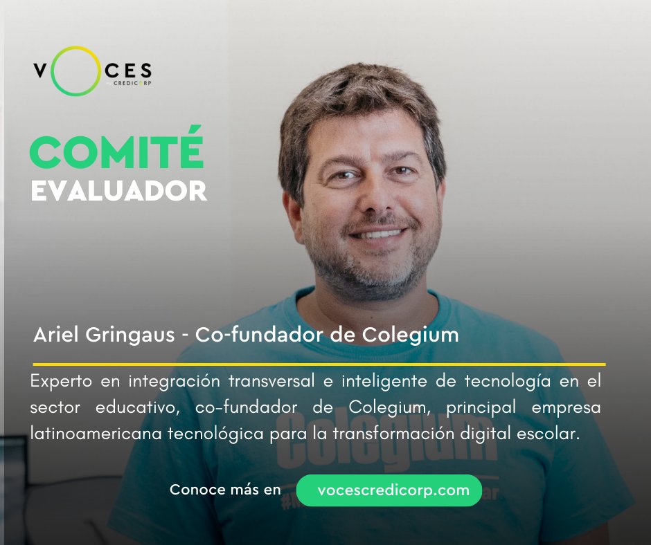 gferraridlC's tweet photo. Muchas gracias, @arielgringaus, por ser parte del Comité Evaluador de #VOCESPorElBienestar. Estoy seguro de que tu amplia experiencia en educación y tecnología nos ayudará a premiar las mejores ideas de la región. Jóvenes de 🇨🇱 los invito a participar: https://t.co/zKPdZczHKh https://t.co/i4xjnxNb3B