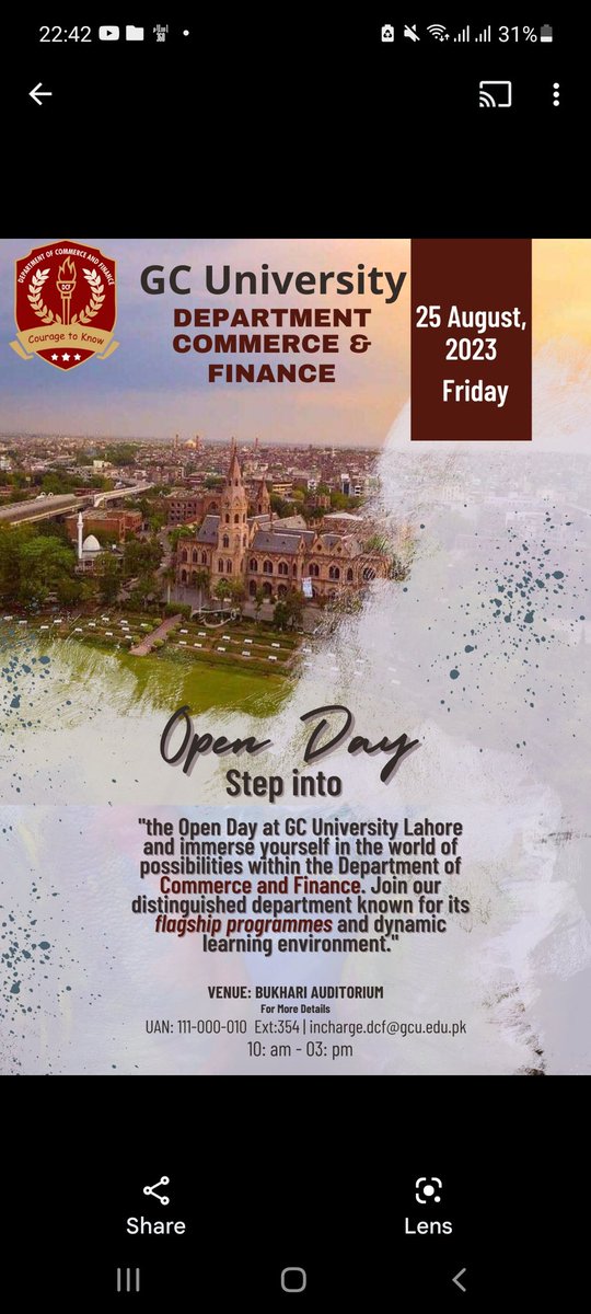 RasoolNosheen's tweet photo. Dear Aspirants

Welcome to Open Day 2023 of Department of Commerce &amp; Finance-DCF at GCU 

Explore the exciting opportunities to become part of the very distinguished Department  of GC University, Lahore  @DCFGCU @gcuniversitylhr @zaidia https://t.co/Ul2xxjjTPx