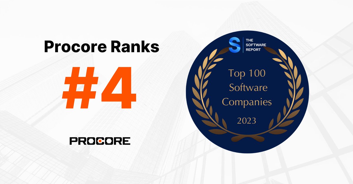 tooeyprocore's tweet photo. Beyond proud to see Procore ranked #4 on @SoftwareReport1's 2023 list of Top 100 Software Companies! A big thank you to our customers, partners, and employees for making milestones like this possible. https://t.co/CLuMa01WsA

#TheSoftwareReport #ConTech https://t.co/lPUX7xmXnI