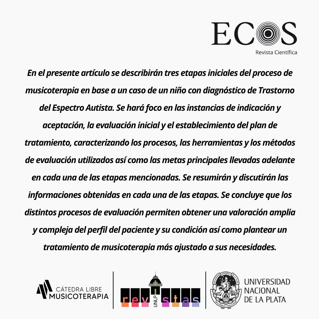 ECOS_clm_unlp's tweet photo. 🔔🔔 Nueva Publicación del Vol. 8
"Protocolo de evaluación en Musicoterapia. Aplicación práctica en un caso de un niño con Autismo".

@clm_unlp
@VUnlp 

#musicoterapia
#estudiodecaso
#RevistaECOS https://t.co/92F1L1IkgB